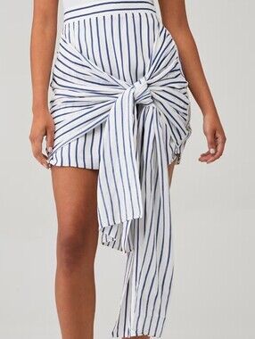 Bardot Malira Wrap Skort Bow White Navy Stripes Vertical Zipper Cotton Viscose